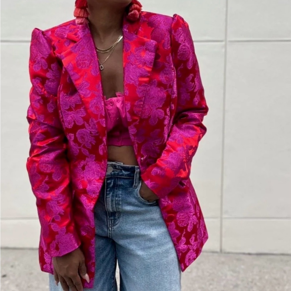 Women's Pink & Red Jacquard Floral Jacket